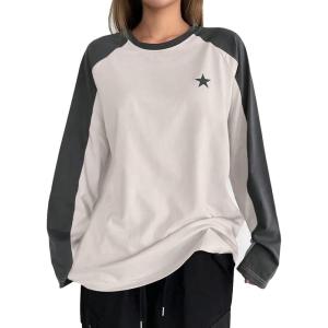 imageAvanova Women Star Graphic Raglan Long Sleeve Tee Shirt Color Block Loose TopBlack Grey