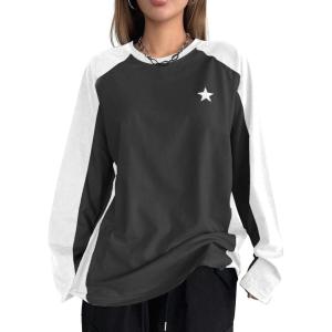 imageAvanova Women Star Graphic Raglan Long Sleeve Tee Shirt Color Block Loose TopBlack White