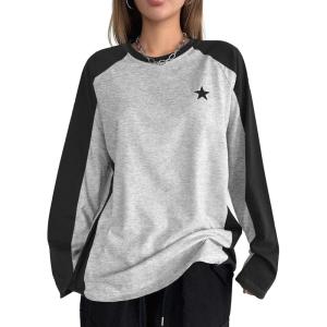 imageAvanova Women Star Graphic Raglan Long Sleeve Tee Shirt Color Block Loose TopBlue Grey Black
