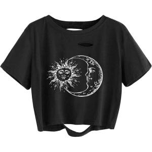imageAvanova Women Sun Moon Graphic Distressed Crop Top Oversized Short Sleeve Ripped Tee ShirtBlack