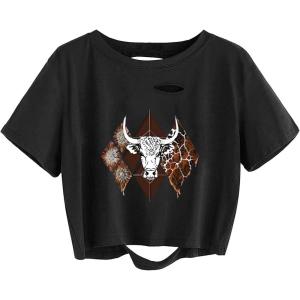 imageAvanova Women Sun Moon Graphic Distressed Crop Top Oversized Short Sleeve Ripped Tee ShirtBlack Cow B
