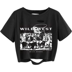 imageAvanova Women Sun Moon Graphic Distressed Crop Top Oversized Short Sleeve Ripped Tee ShirtBlack Lx01