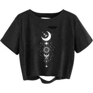 imageAvanova Women Sun Moon Graphic Distressed Crop Top Oversized Short Sleeve Ripped Tee ShirtBlack Moon