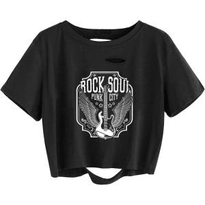 imageAvanova Women Sun Moon Graphic Distressed Crop Top Oversized Short Sleeve Ripped Tee ShirtBlack Rock