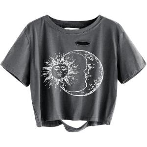 imageAvanova Women Sun Moon Graphic Distressed Crop Top Oversized Short Sleeve Ripped Tee ShirtDark Grey