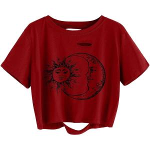 imageAvanova Women Sun Moon Graphic Distressed Crop Top Oversized Short Sleeve Ripped Tee ShirtMoon Red
