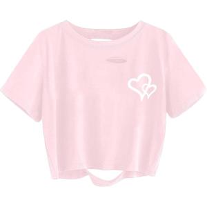 imageAvanova Women Sun Moon Graphic Distressed Crop Top Oversized Short Sleeve Ripped Tee ShirtPink Heart
