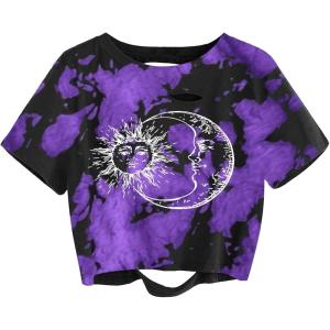 imageAvanova Women Sun Moon Graphic Distressed Crop Top Oversized Short Sleeve Ripped Tee ShirtTie Dye Purple
