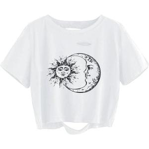 imageAvanova Women Sun Moon Graphic Distressed Crop Top Oversized Short Sleeve Ripped Tee ShirtWhite