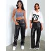 imageBlack Faux Leather Pants for Women High Waisted Flare Cargo Pants Y2k Straight Wide Leg Pleather Pants with PocketsBlack