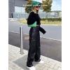 imageBlack Faux Leather Pants for Women High Waisted Flare Cargo Pants Y2k Straight Wide Leg Pleather Pants with PocketsBlack