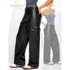 imageBlack Faux Leather Pants for Women High Waisted Flare Cargo Pants Y2k Straight Wide Leg Pleather Pants with PocketsBlack