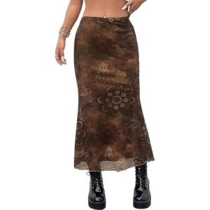 imageAvanova Women Ditsy Floral Bohemia Mesh Mermaid Skirt High Waist Summer Midi SkirtsA Floral Brown