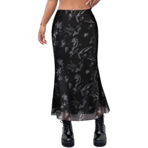 imageAvanova Women Ditsy Floral Bohemia Mesh Mermaid Skirt High Waist Summer Midi SkirtsBlack C01