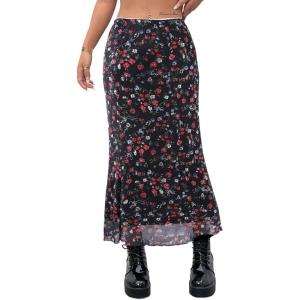 imageAvanova Women Ditsy Floral Bohemia Mesh Mermaid Skirt High Waist Summer Midi SkirtsBlack Floral C