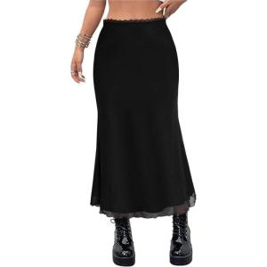 imageAvanova Women Ditsy Floral Bohemia Mesh Mermaid Skirt High Waist Summer Midi SkirtsBlack Solid