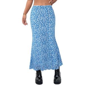 imageAvanova Women Ditsy Floral Bohemia Mesh Mermaid Skirt High Waist Summer Midi SkirtsBlue Floral