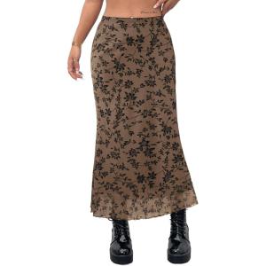 imageAvanova Women Ditsy Floral Bohemia Mesh Mermaid Skirt High Waist Summer Midi SkirtsBrown Floral C