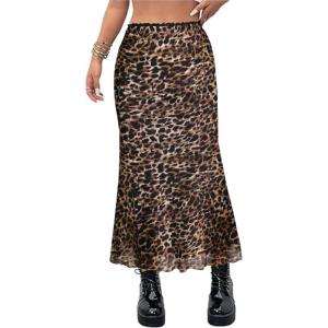 imageAvanova Women Ditsy Floral Bohemia Mesh Mermaid Skirt High Waist Summer Midi SkirtsBrown Leopard