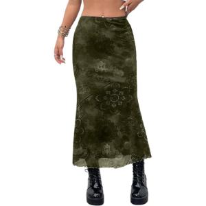 imageAvanova Women Ditsy Floral Bohemia Mesh Mermaid Skirt High Waist Summer Midi SkirtsGreen