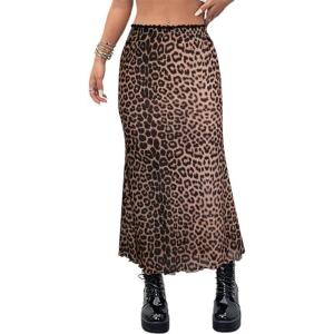 imageAvanova Women Ditsy Floral Bohemia Mesh Mermaid Skirt High Waist Summer Midi SkirtsKhaki Leopard