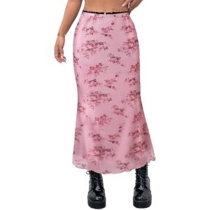 imageAvanova Women Ditsy Floral Bohemia Mesh Mermaid Skirt High Waist Summer Midi SkirtsPink a