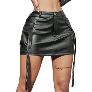 imageAvanova Women Faux Leather Slit Split Mini Skort High Rise Bodycon Short SkirtBlack C
