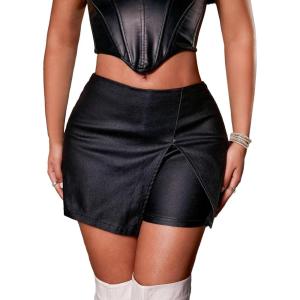 imageAvanova Women Faux Leather Slit Split Mini Skort High Rise Bodycon Short SkirtBlack J