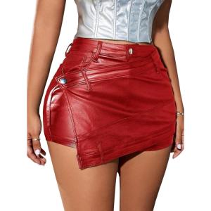 imageAvanova Women Faux Leather Slit Split Mini Skort High Rise Bodycon Short SkirtRed