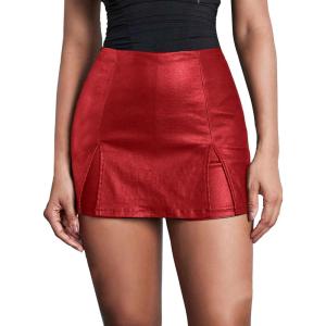 imageAvanova Women Faux Leather Slit Split Mini Skort High Rise Bodycon Short SkirtRed J