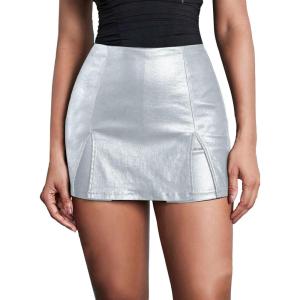 imageAvanova Women Faux Leather Slit Split Mini Skort High Rise Bodycon Short SkirtSilver