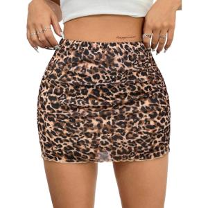 imageAvanova Women Mesh Bodycon Mini Skirt High Waist Ruched Summer Short SkirtDark Brown Leopard