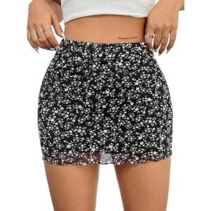 imageAvanova Women Mesh Bodycon Mini Skirt High Waist Ruched Summer Short SkirtFloral Black