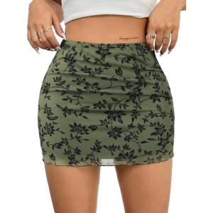 imageAvanova Women Mesh Bodycon Mini Skirt High Waist Ruched Summer Short SkirtFloral Green