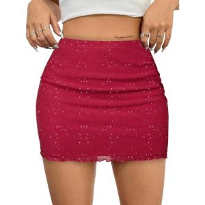 imageAvanova Women Mesh Bodycon Mini Skirt High Waist Ruched Summer Short SkirtRed F