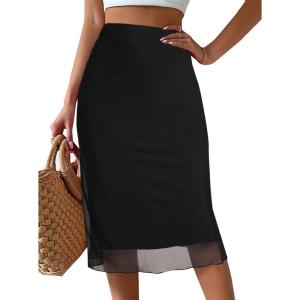 imageAvanova Women Mesh Knee Length Skirt High Waisted Elastic Summer Straight Midi SkirtsBlack