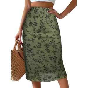 imageAvanova Women Mesh Knee Length Skirt High Waisted Elastic Summer Straight Midi SkirtsGreen Floral