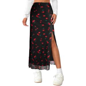 imageAvanova Womens Mesh Slit Split Long Skirts High Waisted Sexy Summer Maxi SkirtsBlack Cherry