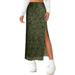 imageAvanova Womens Mesh Slit Split Long Skirts High Waisted Sexy Summer Maxi SkirtsGreen Floral