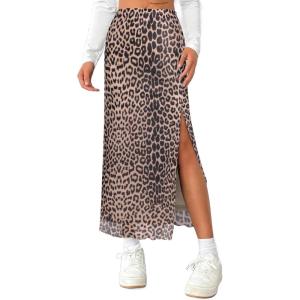 imageAvanova Womens Mesh Slit Split Long Skirts High Waisted Sexy Summer Maxi SkirtsKhaki Leopard