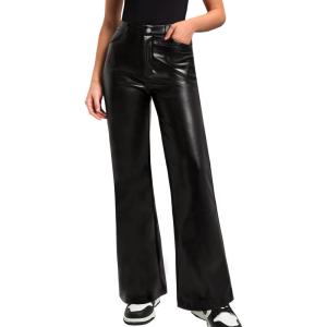 imageBlack Faux Leather Pants for Women High Waisted Flare Leggings Straight Wide Leg Pleather Pants with PocketsA1 Wide Leg Leather Pants Black