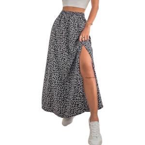 imageAvanova Women Boho Floral Slit Maxi Skirt Split Thigh High Waisted Long Sexy SkirtBlack