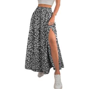 imageAvanova Women Boho Floral Slit Maxi Skirt Split Thigh High Waisted Long Sexy SkirtBlack D