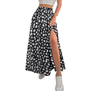 imageAvanova Women Boho Floral Slit Maxi Skirt Split Thigh High Waisted Long Sexy SkirtBlack Daisy