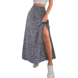 imageAvanova Women Boho Floral Slit Maxi Skirt Split Thigh High Waisted Long Sexy SkirtBlack White