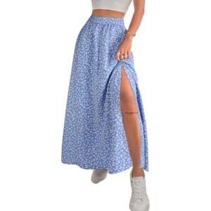 imageAvanova Women Boho Floral Slit Maxi Skirt Split Thigh High Waisted Long Sexy SkirtBlue