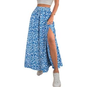 imageAvanova Women Boho Floral Slit Maxi Skirt Split Thigh High Waisted Long Sexy SkirtBlue Floral