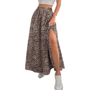 imageAvanova Women Boho Floral Slit Maxi Skirt Split Thigh High Waisted Long Sexy SkirtBrown Leopard