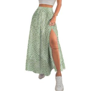 imageAvanova Women Boho Floral Slit Maxi Skirt Split Thigh High Waisted Long Sexy SkirtFloral Green