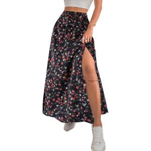 imageAvanova Women Boho Floral Slit Maxi Skirt Split Thigh High Waisted Long Sexy SkirtFloral Red